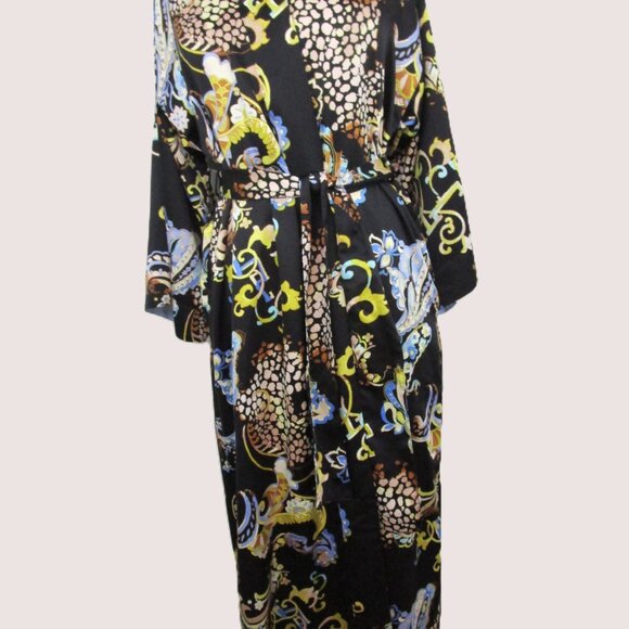 Long Wrap Lingerie Robe Provencial Paisley Print Black - Picture 2 of 10